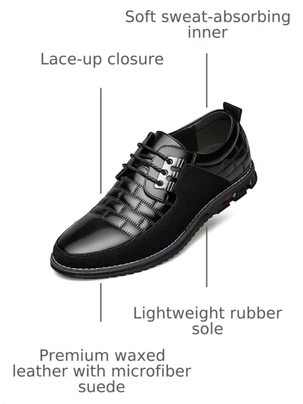 Men's Black Plaid Embossed Grid Leather Comfortable Hybrid Oxford Dress Sneakers